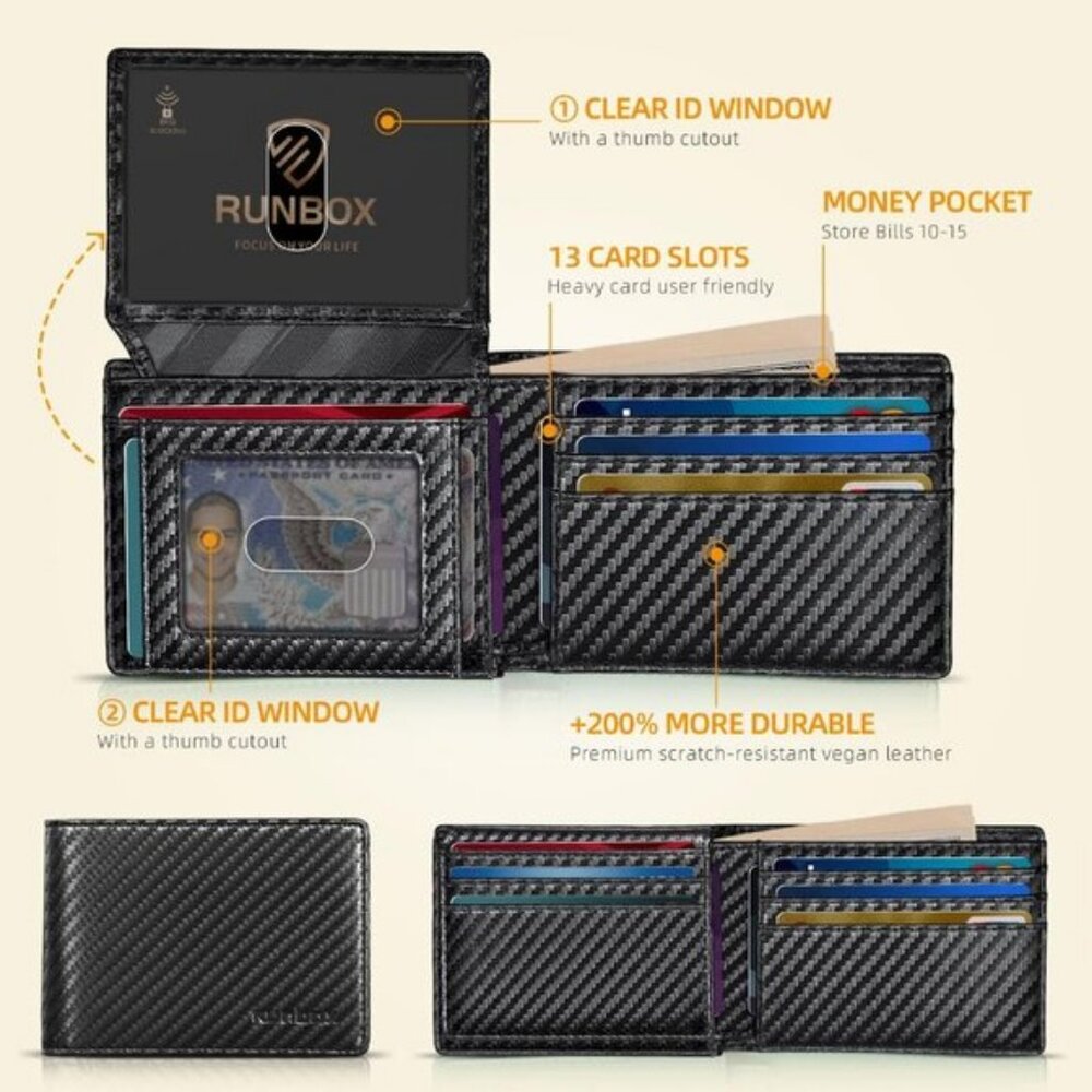 🆕Runbox Men Carbon Black Leather Slim Leather 2 ID Window Gift Box Wallet - Picture 6 of 9